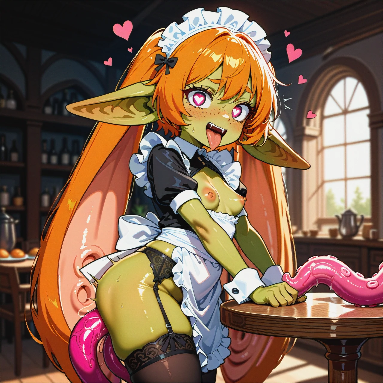 Goblin girl, green skin, ginger, freckles, (cute:1.3), (heart-shaped_eyes), (tongue), huge long ears, (tentaclejob), (full_body), maid, garter belt and straps, apron, (table_humping), (from_side), nipple, kitchen