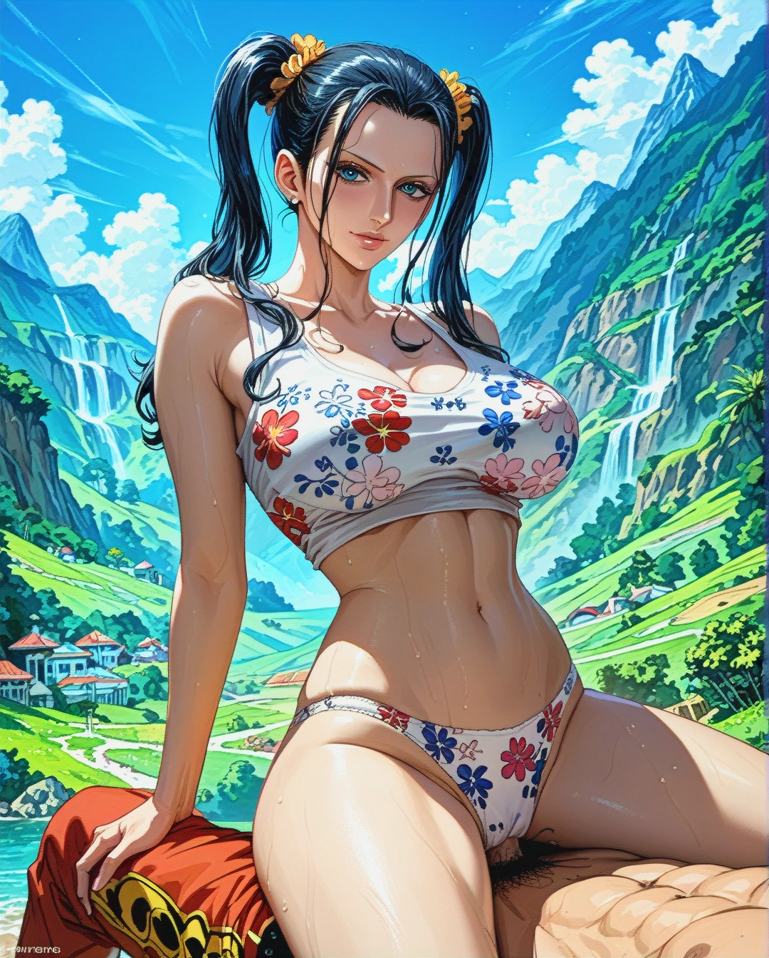 Nico Robin,mature,on the mountain, crop tank top white floral, panties,floral, , twintails hairstyles, sex on top, @monkey_d_luffy