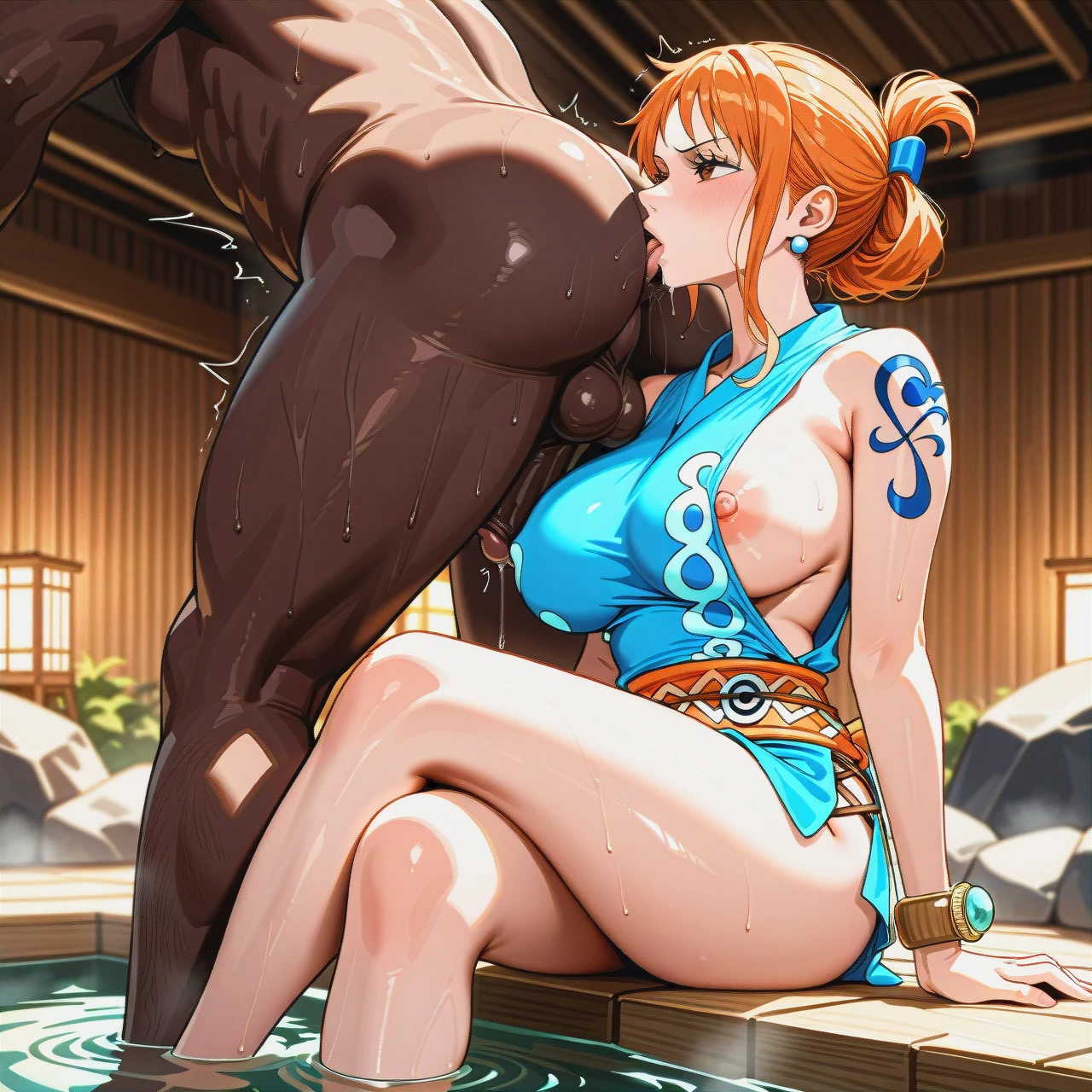 onsen, sole male, sole female, (crossed_legs) , pulled back hairstyle, wano outfit, blue outfit, kunoichi,, (nipple_slip) , @nami , (mature_female) , (anilingus) , (sitting_on_face) , (smelling) , precum, big black cock, dark skin male, interracial, (netorare) , (perspective)