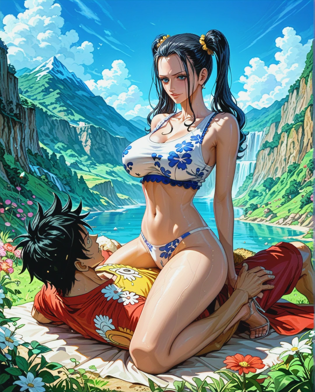 Nico Robin,mature,on the mountain, crop tank top white floral, panties,floral, , twintails hairstyles, sex on top, @monkey_d_luffy,full body photo