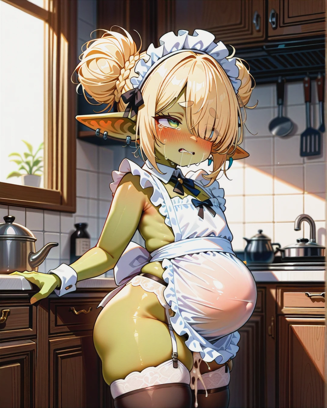 Goblin girl, green skin, blonde, pixie hair, hair over eye, thick eyebrows, (cute:1.4), (cum_inflation), (torogao), crying, (blush), huge long ears, (full_body), piercing, (ear_blush), (flat_chest), maid, garter belt and straps, apron, (from_side), kitchen, plump hips