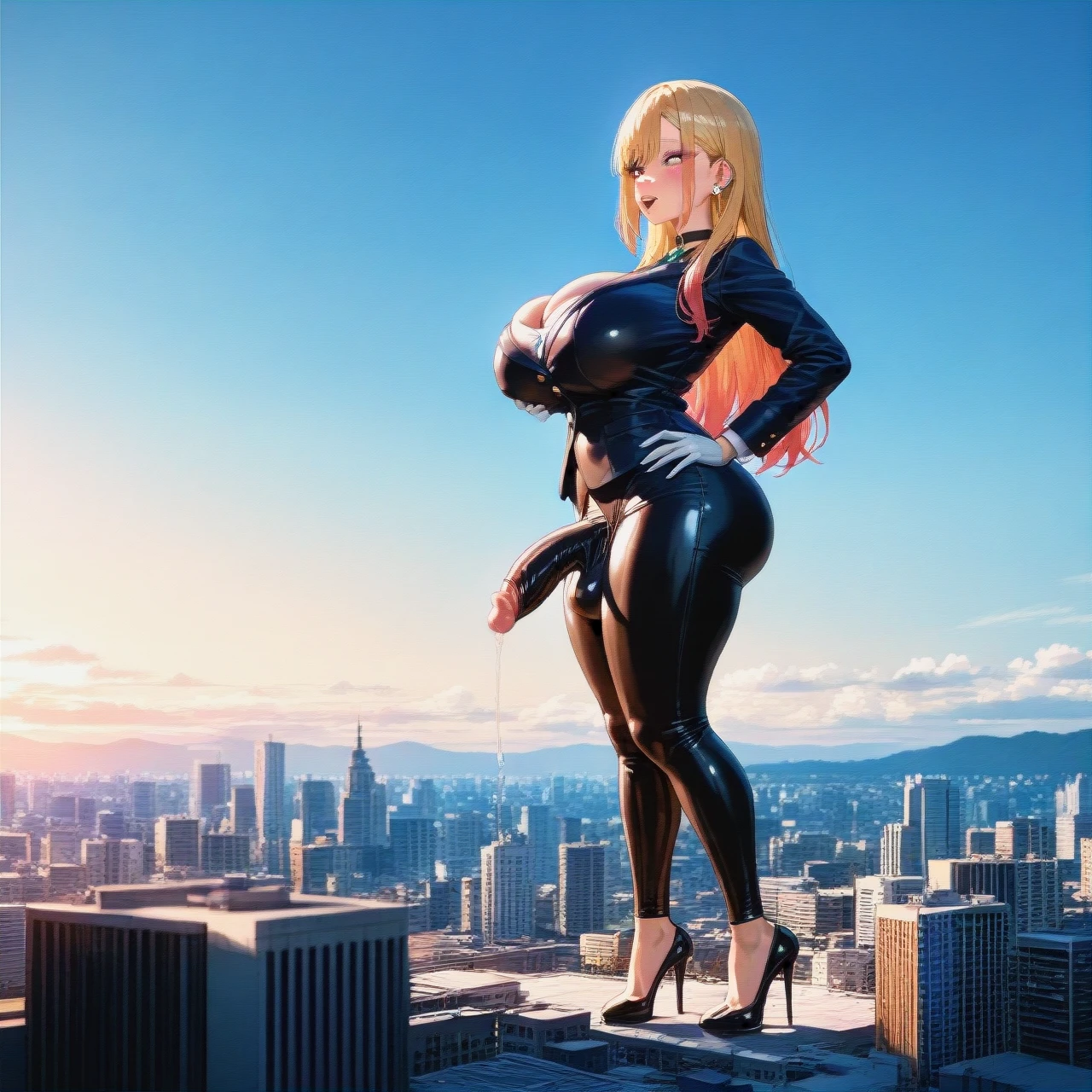 Kitagawa marine, (giant) , heels, stokings, massive ass, breast (breast_expansion) , (futanari), city,