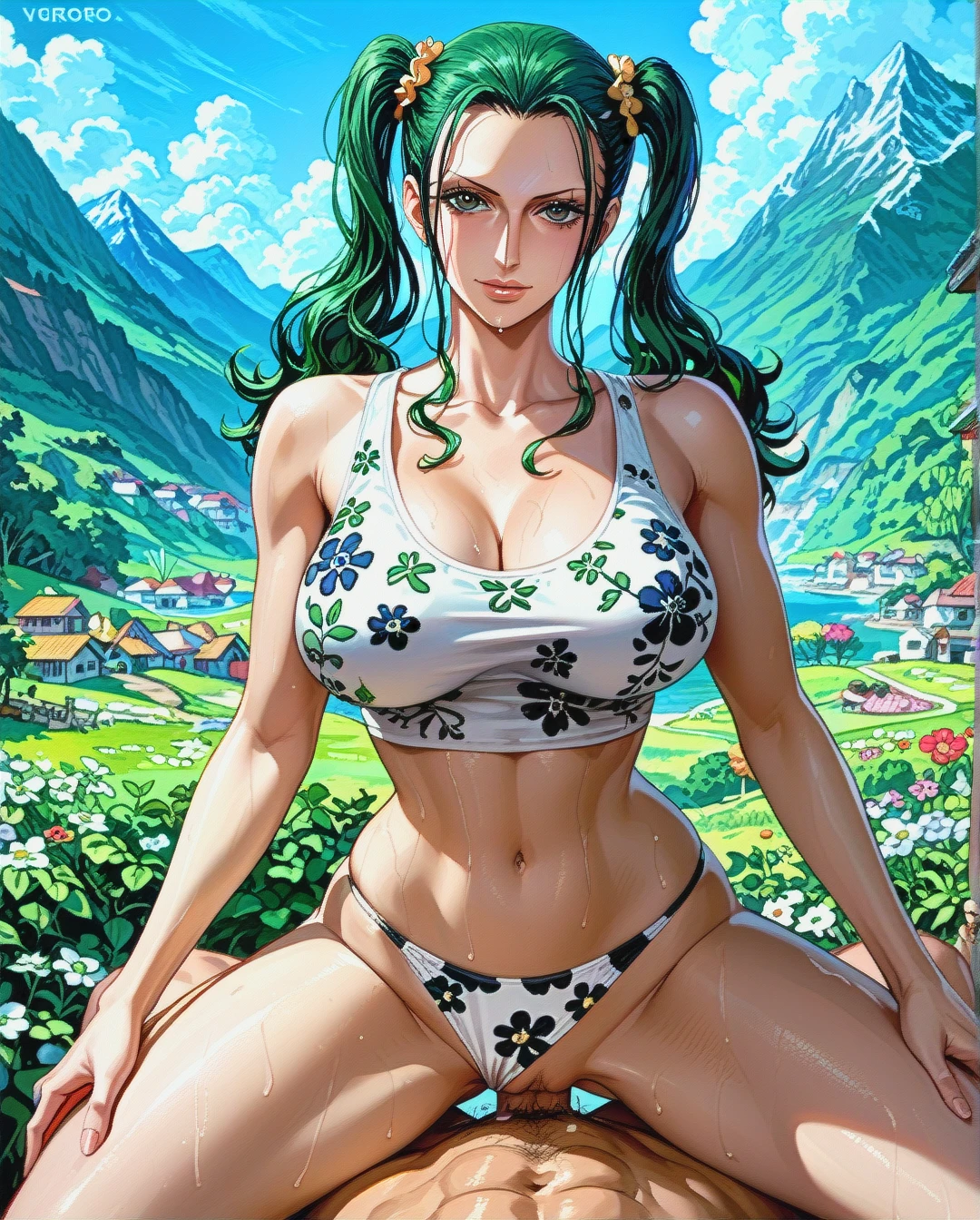 Nico Robin,mature,on the mountain, crop tank top white floral, panties,floral, , twintails hairstyles, sex on top,@roronoa_zoro