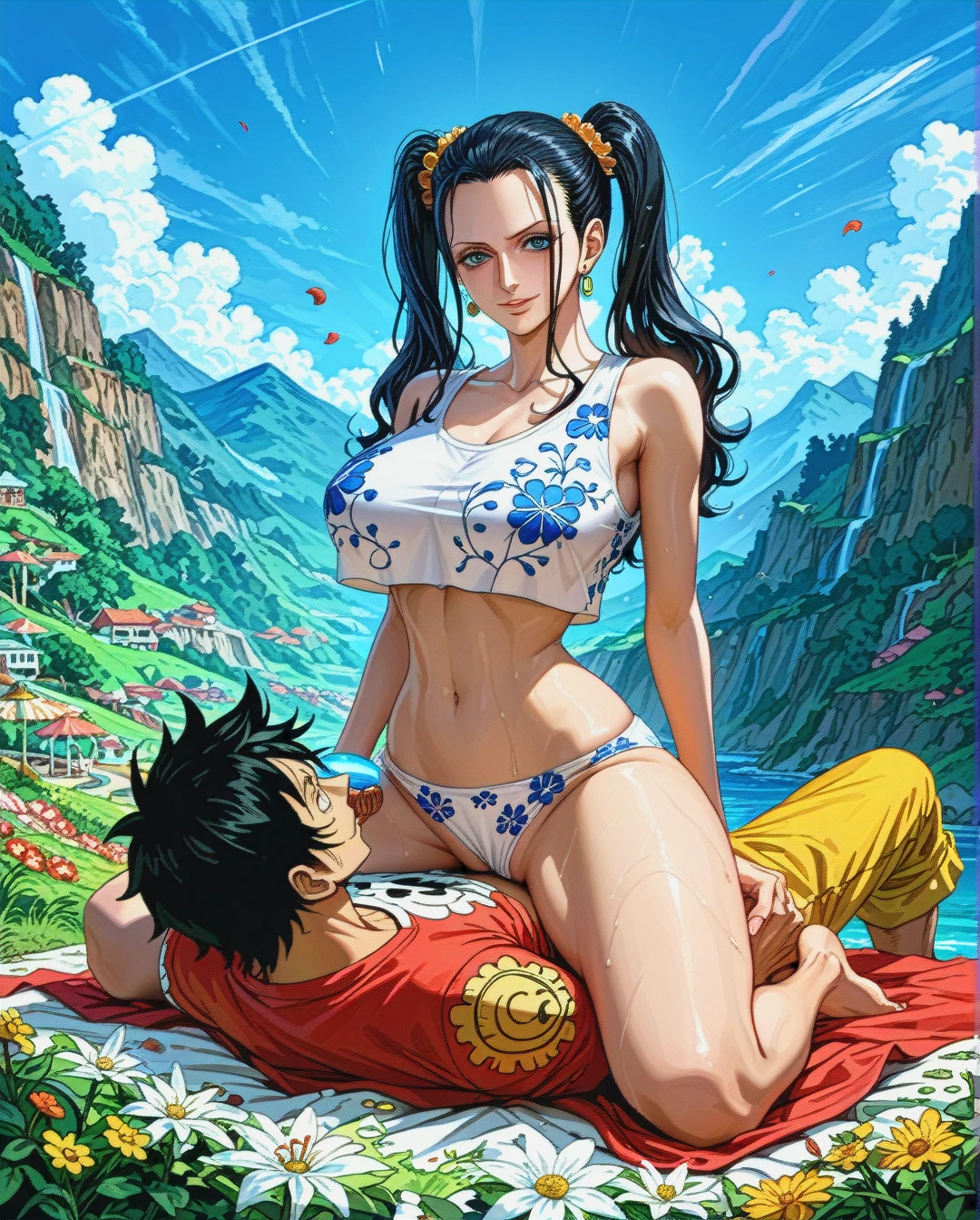 Nico Robin,mature,on the mountain, crop tank top white floral, panties,floral, , twintails hairstyles, sex on top, @monkey_d_luffy,full body photo