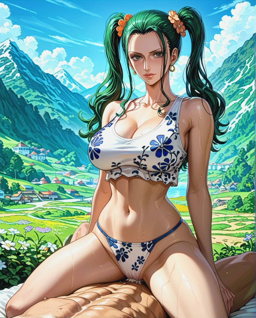 Nico Robin,mature,on the mountain, crop tank top white floral, panties,floral, , twintails hairstyles, sex on top,@roronoa_zoro