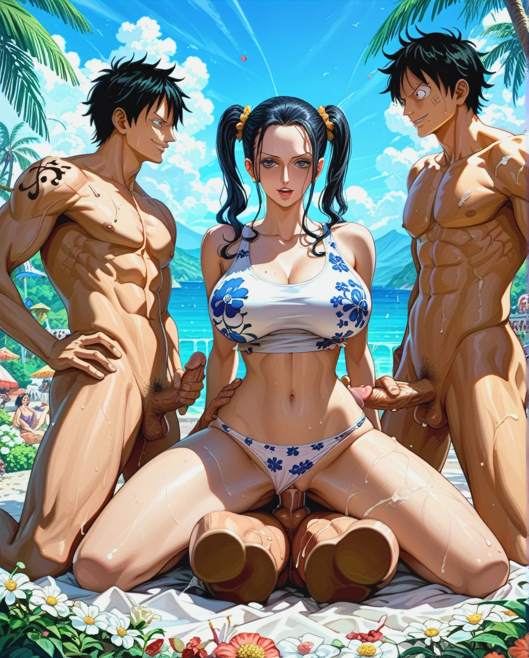 Nico Robin,mature,on the mountain, crop tank top white floral, panties,floral, , twintails hairstyles, sex gangbang one piece, @monkey_d_luffy,full body photo