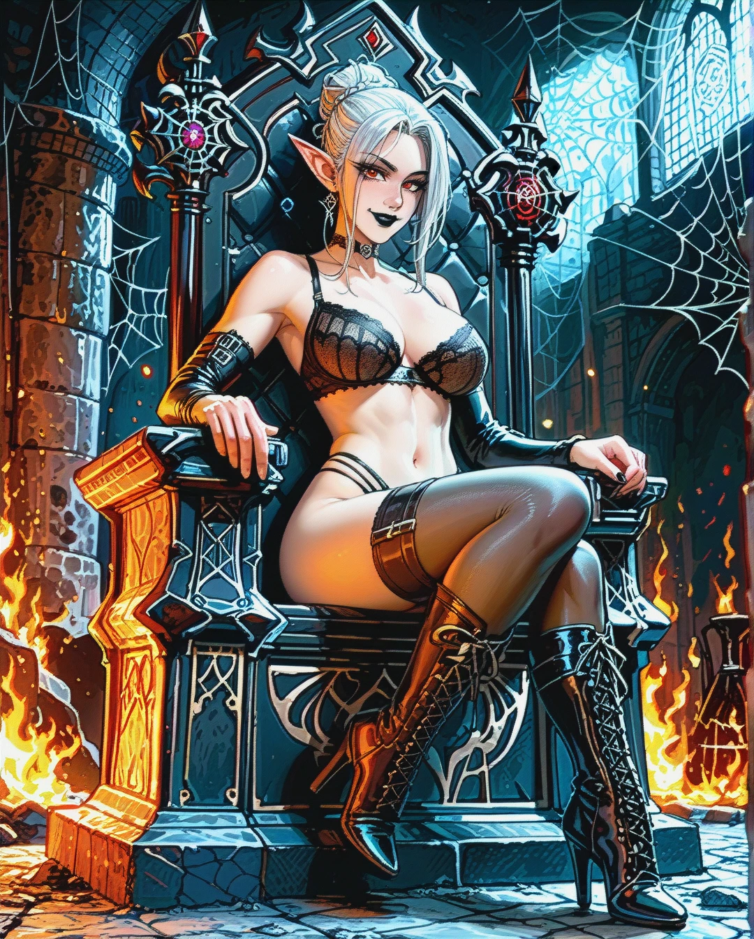 minthara from baldurs gate three, elf, grey skin, pointy elf ears, white hair, hair bun, fit, black lipstick, smiling, leather bra, leather panties, spider web tights, web patterns, thigh high leather heeled boots, sitting in throne, squeezing breast, night, fire light, dungeon