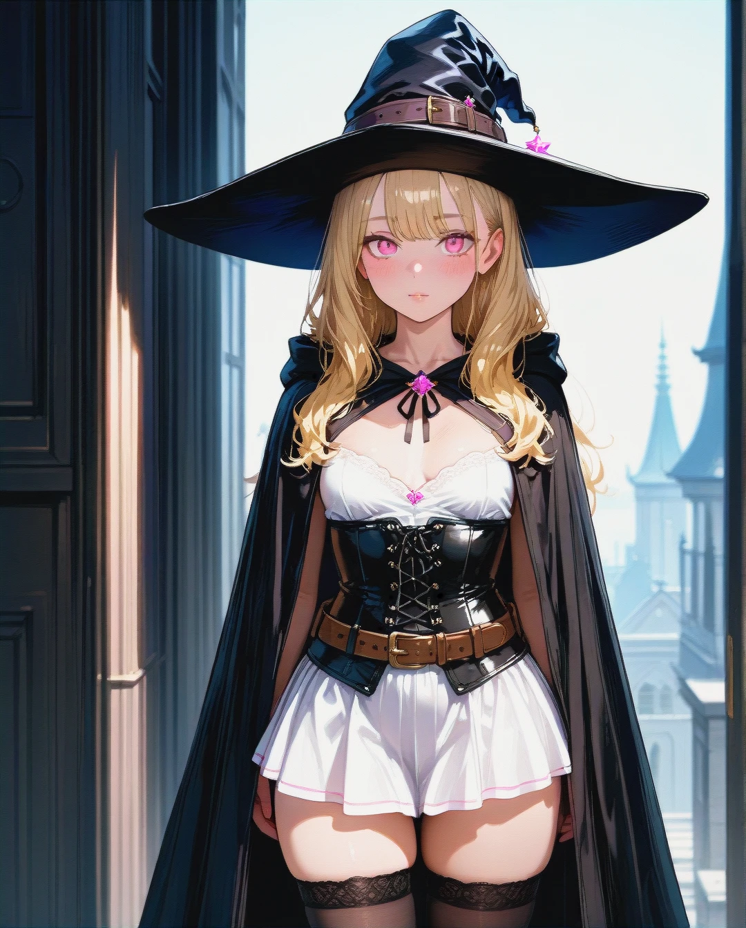 Nude petite girl, medium chest, long blonde hair, pink eyes, witch, witch hat, long stockings, white skirt, belt, woman's cloak, corset,