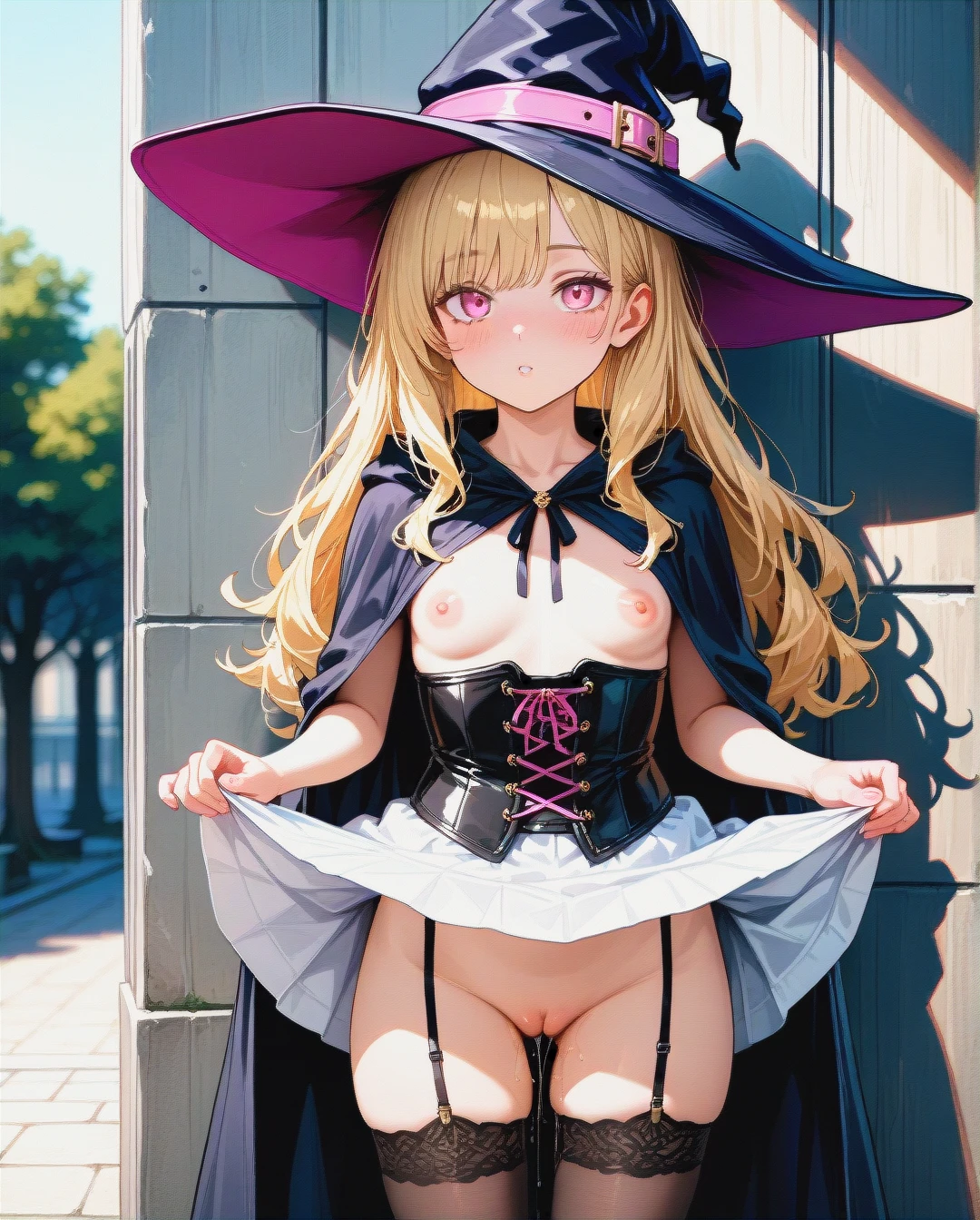 Nude petite girl, medium chest, long blonde hair, pink eyes, witch, witch hat, long stockings, white skirt, belt, woman's cloak, corset, (skirt_lift), pussy juice,