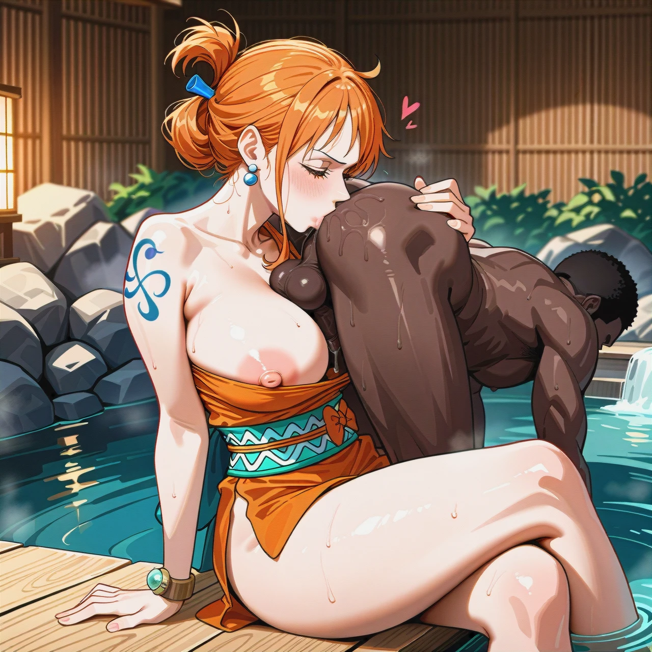 onsen, sole male, sole female, (crossed_legs) , pulled back hairstyle, wano outfit, kunoichi,, (nipple_slip) , @nami , (mature_female) , (anilingus) , (sitting_on_face) , (smelling) , precum, big black cock, dark skin male, interracial, (netorare) , (perspective)