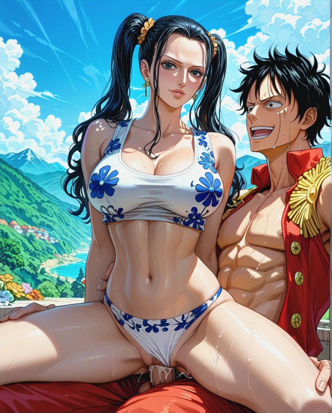 Nico Robin,mature,on the mountain, crop tank top white floral, panties,floral, , twintails hairstyles, sex on top @monkey_d._luffy,