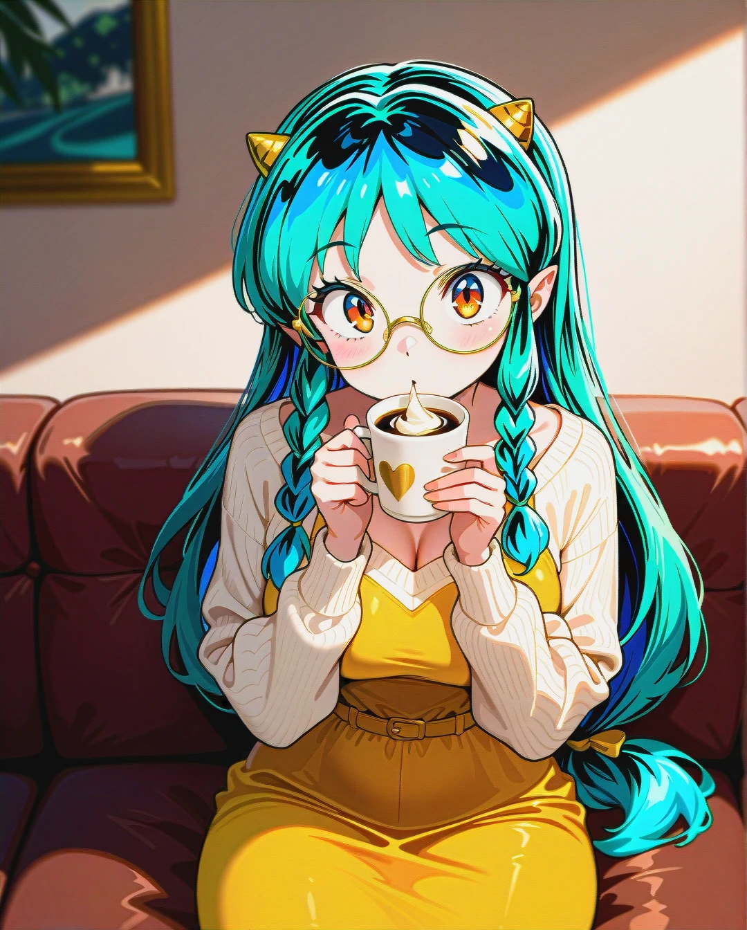 1girl,@lum,wearing casual sweater, simple cream dress,braid, frentch braid, low-tied long hair, parted bangs, round glasses, (gold frame) glasses, Sit and relax on an antique sofa in the cafeteria,Drinking coffee,