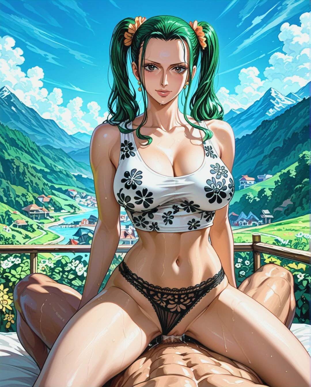 Nico Robin,mature,on the mountain, crop tank top white floral, panties,floral, , twintails hairstyles, sex on top,@roronoa_zoro