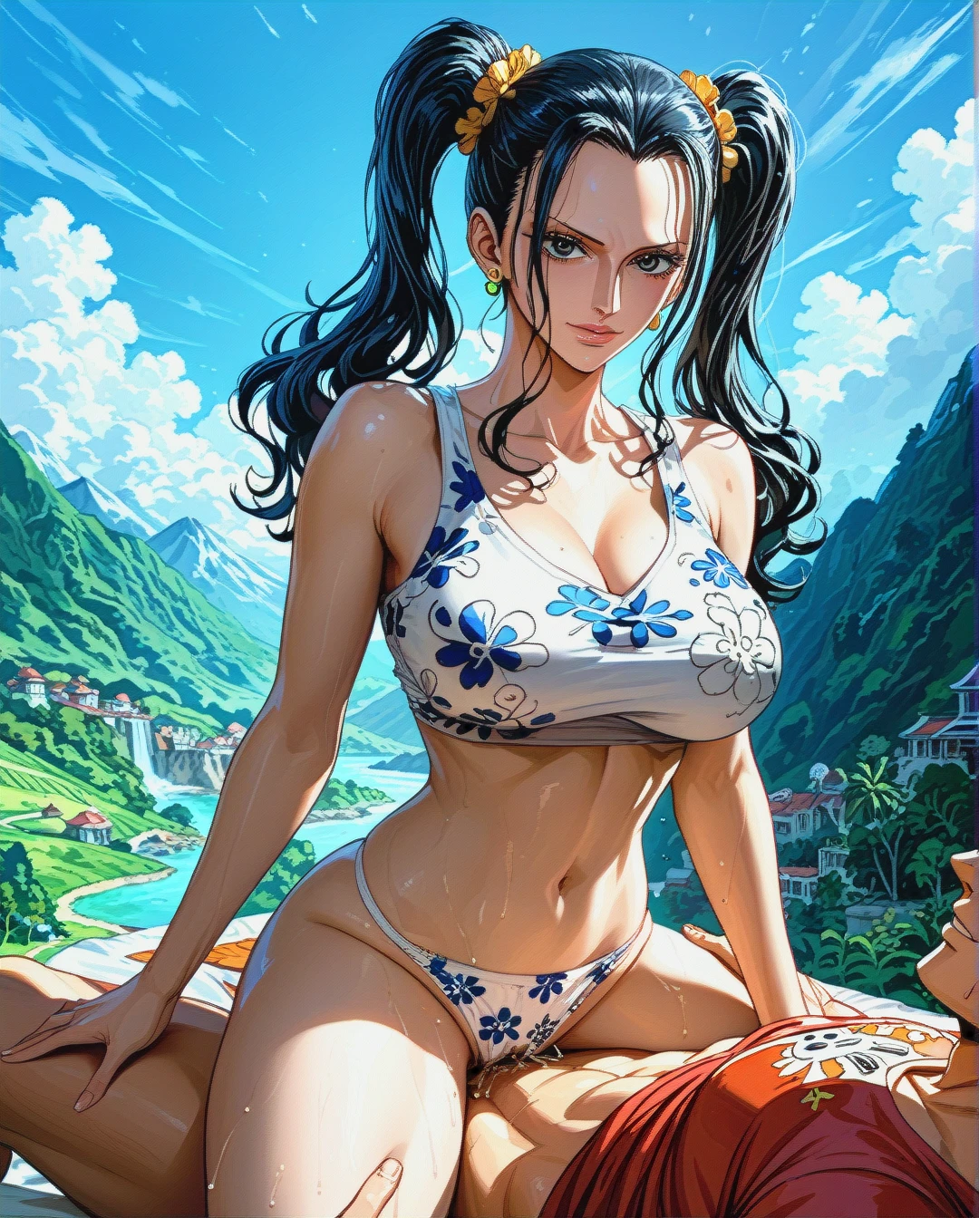 Nico Robin,mature,on the mountain, crop tank top white floral, panties,floral, , twintails hairstyles, sex on top @monkey_d._luffy,