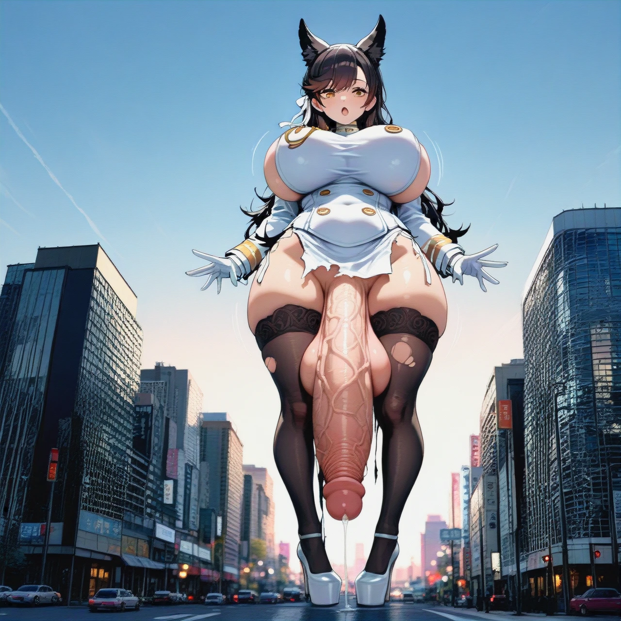 @atago_azur_lane , (futanari) , (giant) , heels platform, breast (breast_expansion) , massive ass, huge big cock , city , torn clothes