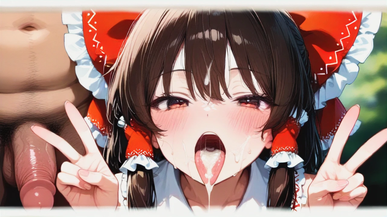 @hakurei_reimu open mouth tongue out cum on tongue cum on face,(double_v) ,fat man penis