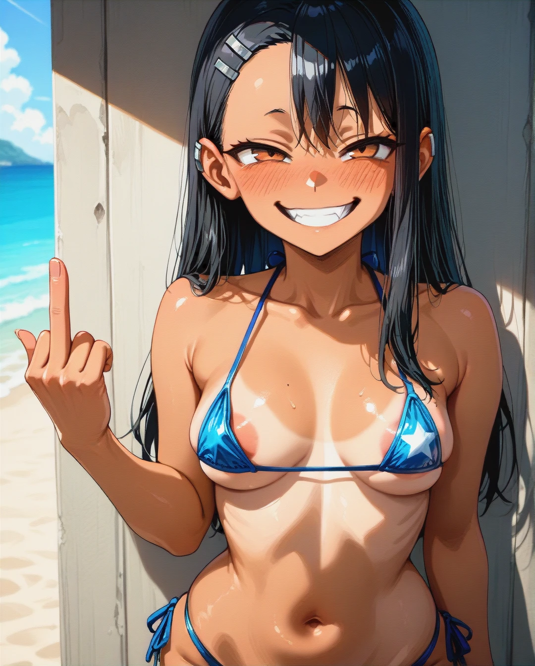 @nagatoro_hayase , (evil_smile) , (middle_finger) , (areola_slip) , bellybutton, bikini, caribean beach, Sunny day