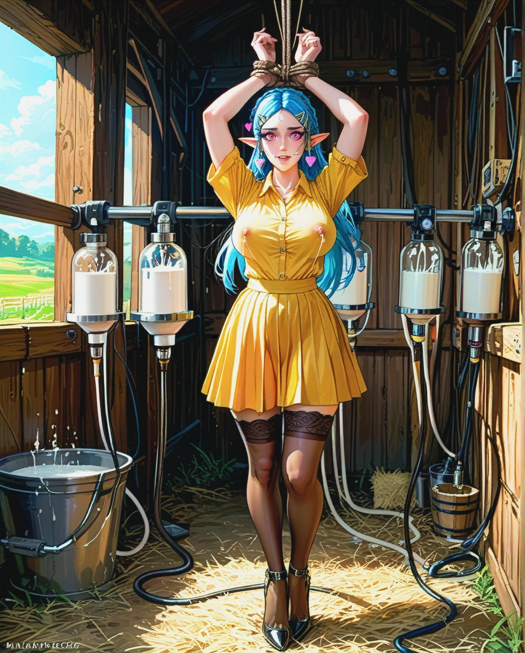 Purah from legend of zelda,high heels,stockings,milking machine,(heart-shaped_eyes),glowing pink eyes,tied arms,in farm,yellow shirt,lactating,yellow skirt