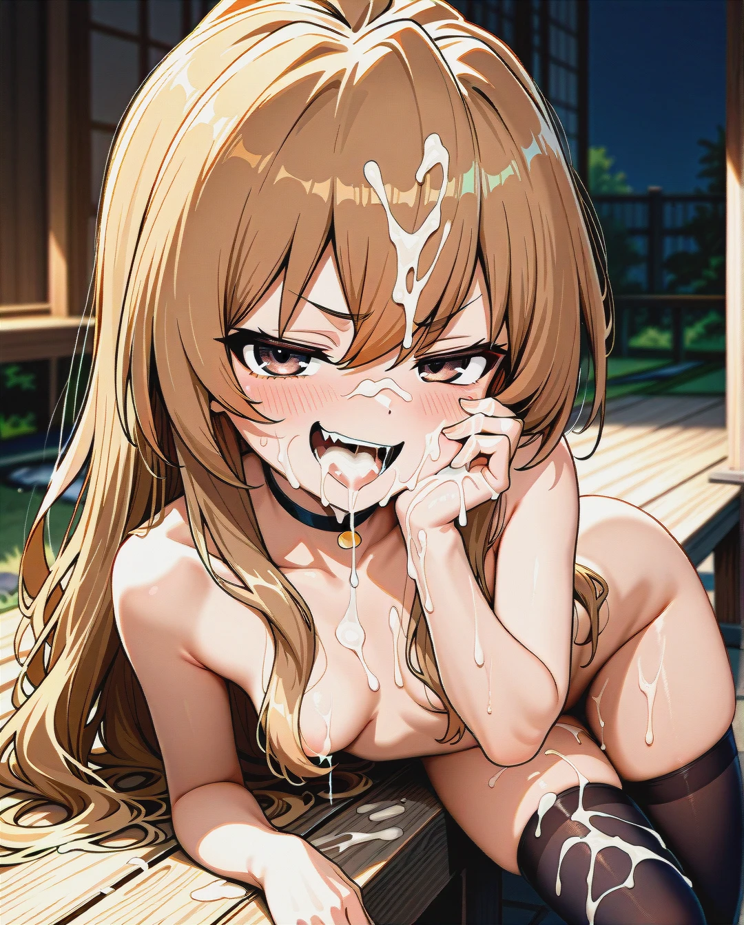 (hand_on_own_face), @aisaka_taiga, black thighhighs, (evil_smile), (smug), on the wooden porch, nude, choker, (medium_breasts), (bukkake), (cum_in_mouth), (gokkun), (cumdump), (cum_bath), spits out cum, Lying in a bath of cum, cum on hands, cum on hair, cum on face, cum on thighhighs, arm covering breasts, hair falls over breasts, hair falls over nipples, (hand_on_own_cheek) (yokozuwari)