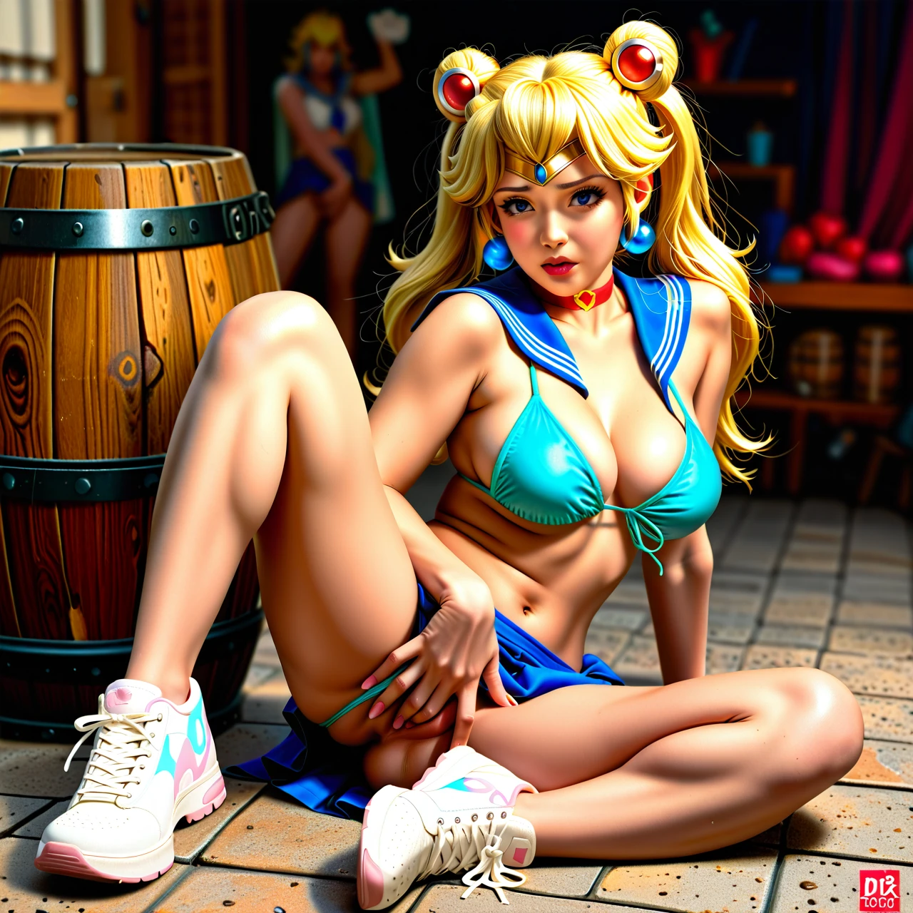 2girl, two girls cowgirl_pose, FINGERING, creampied, cock_in pussy,clip,thick_legs,cleavage,waists,wide_shoulders, no_skirt,neclace,collared,bikini_pull,sneakers, barrel, depth_of field, domination, Princess_Peach, jasmine, Sailor_Moon