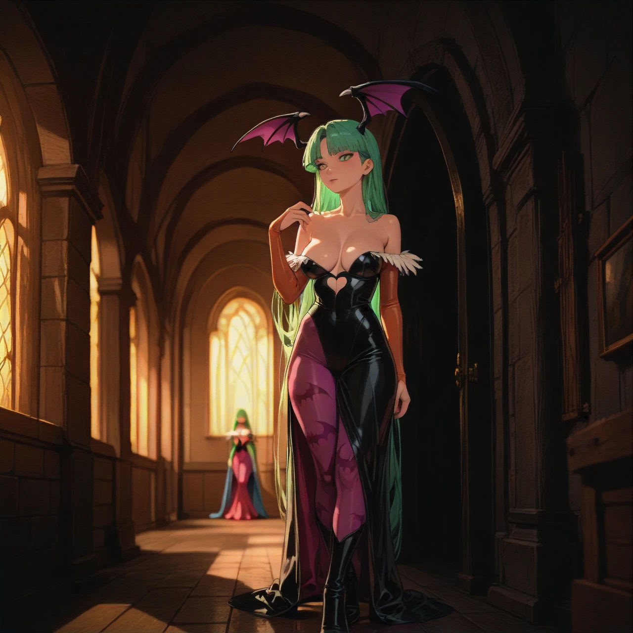 @rapunzel, wearing_(@morrigan_aenslan)_costume