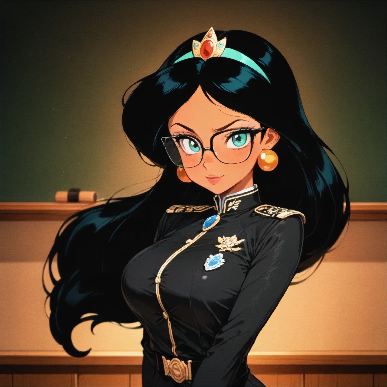 @princess_jasmine, black secretary uniform, dynamic_sexy_pose, dark_skin, teacher_eyewear