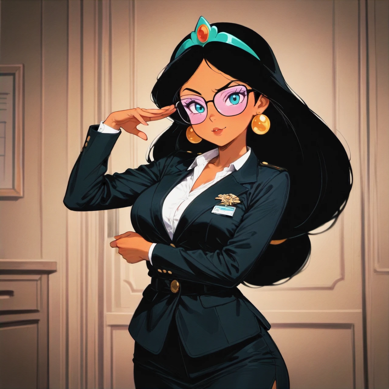 @princess_jasmine, black_office_secretary_uniform, dynamic_sexy_pose, dark_skin, teacher_eyewear