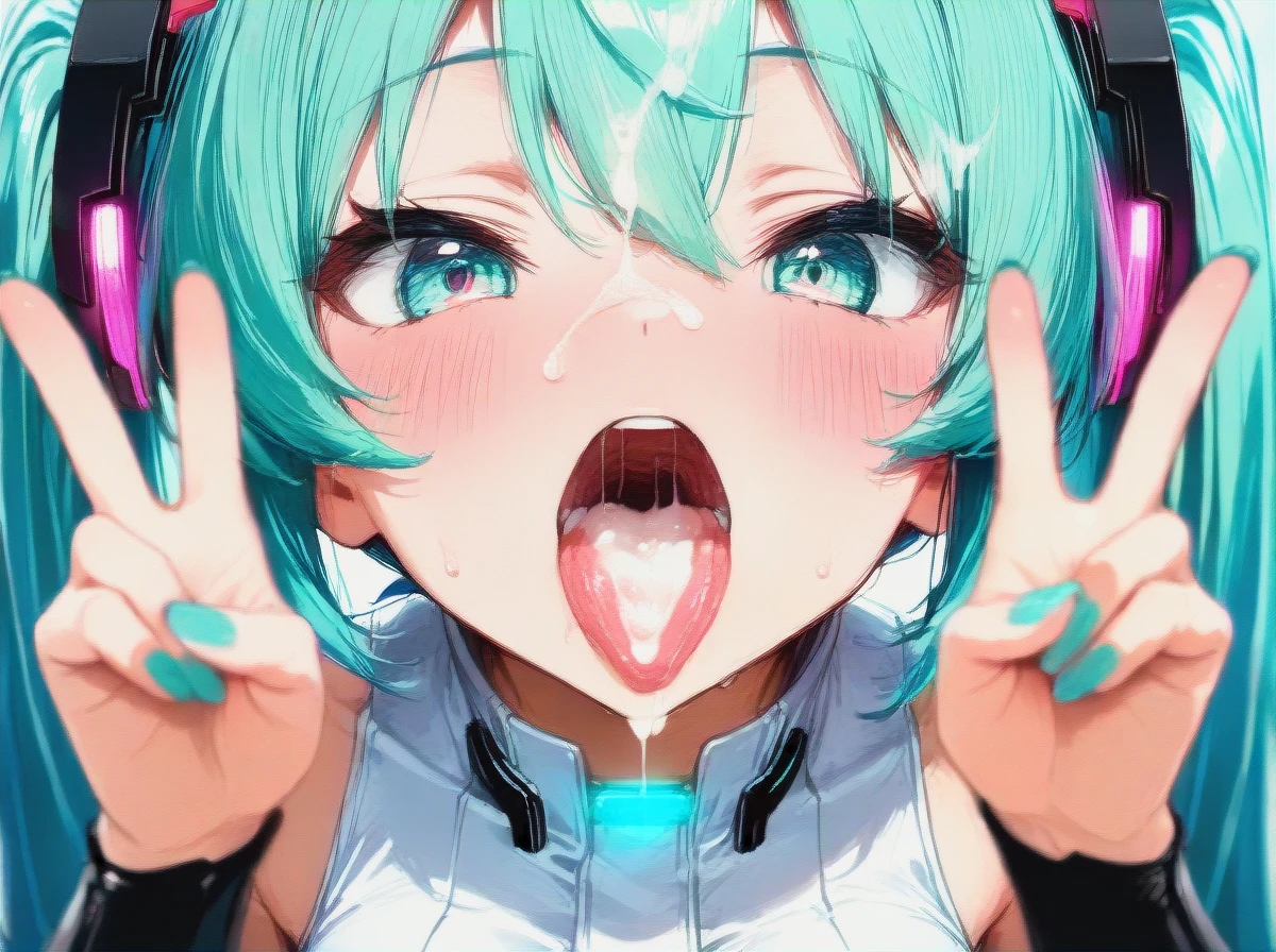 @hatsune_miku  open mouth tongue out cum on tongue cum on hair,(double_v) ,