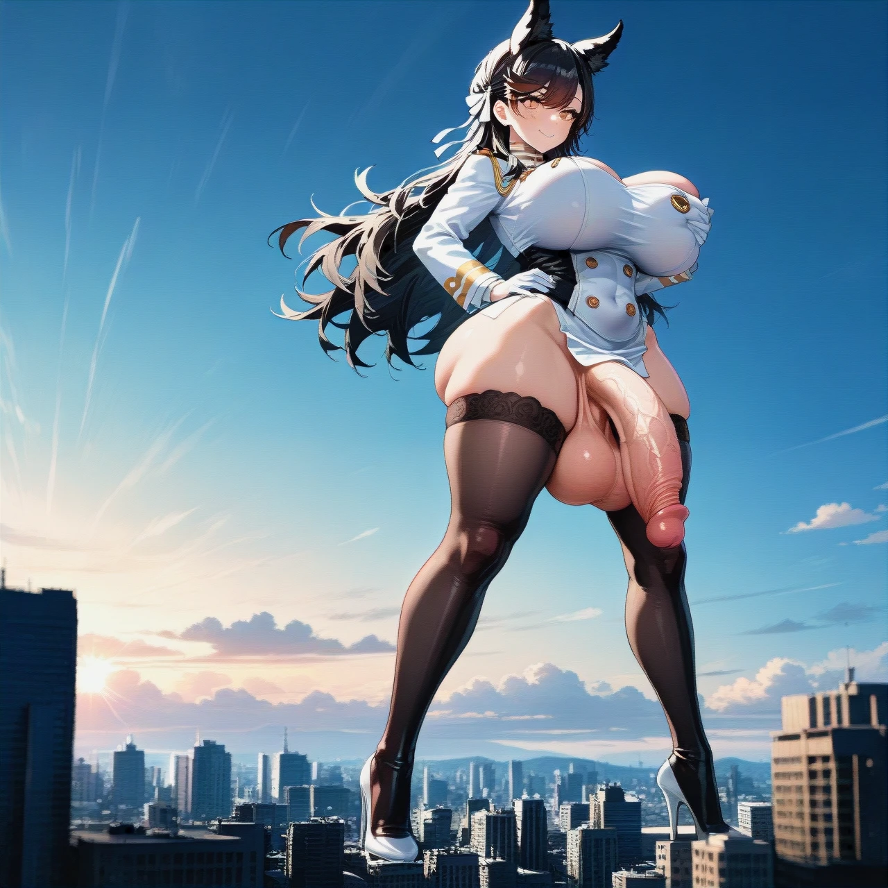 @atago_azur_lane , (futanari) , (giant) , heels boots, breast (breast_expansion) , massive ass, huge big cock , city