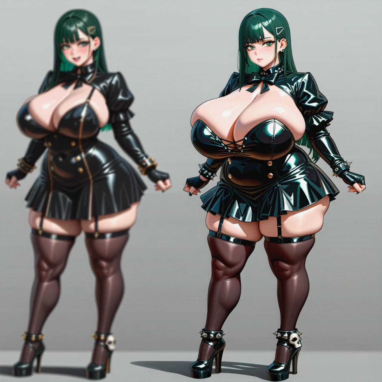 char: female (goth - punk - rock) pose: smoking expression: bored hairstyle: long straight hair (hairclip: bow with skull) hair_color: green (dark green) body: plump, exagerrated_shapes, plump, massive_glutes, gigantic_breasts+shape: spheric_breasts hips: narrow thighs: massive dress: black, massive cleavage stockings: black with stripes shoes: high heels ear_piercings: (studs)+(black)+(massive)+(punk)