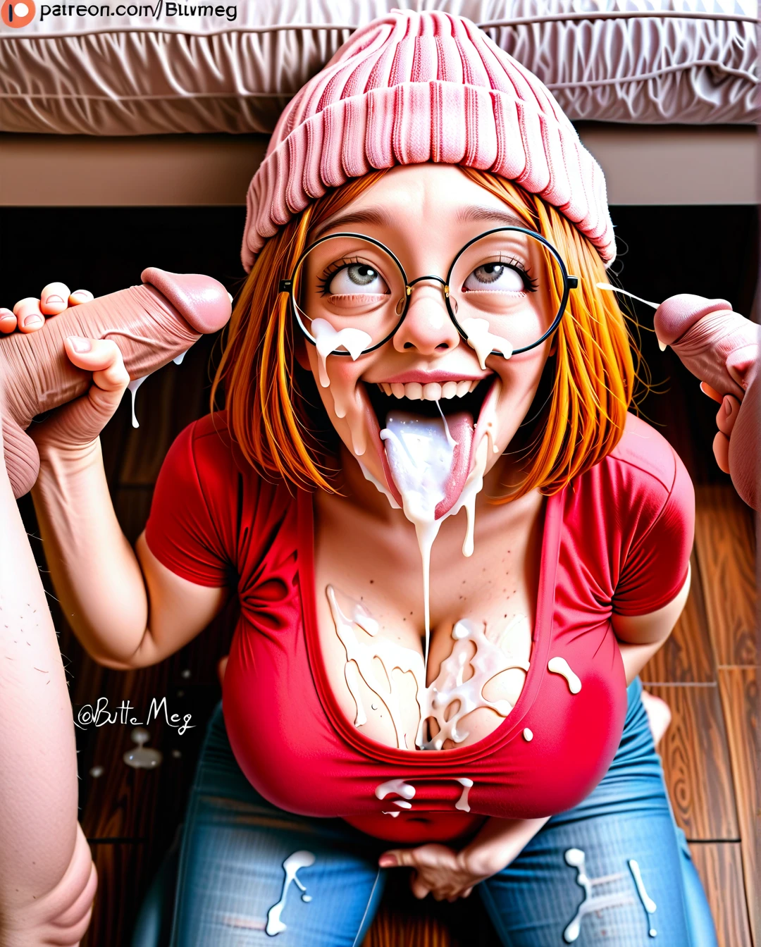 meg griffin from family guy, ginger hair, puppy fat, kneeling, after blowjob, bukkake, handjob, smiling, mouth open, tongue out, looking up, eyes open, low skin tight pink t shirt, cleavage, pink beanie, skin tight low rise jeans, unbuttoned jeans, visible panties, large round glasses, cum in mouth, cum spilling from mouth, cum on breasts, cum in cleavage, cumshots, cum on glasses, extreme  (spread_legs) (fingering)