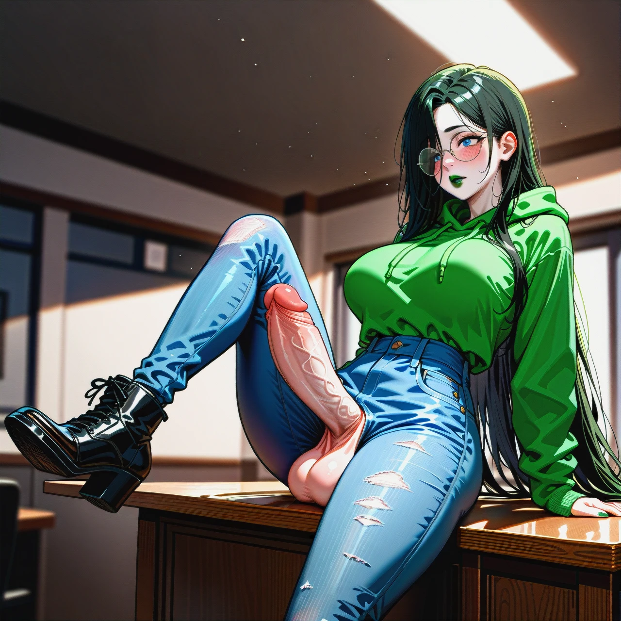 dark black hair, extremly long hair, long hair, very long hair, hair long to the butt, steel frame glasses with large round lenses, , Cuffed Boyfriend Jeans For Women, very dark green oversized hoodie, show (breasts_out), pale skin, (futanari), (solo), (lean body:1.3), wasp waist, (hair covering left eye), show cock, giant cock, massive cock, huge cock, sit on table, one leg up, black ankle boots, office,  blue eyes, blushing, horny, very dark green lipstick, full lips, long green nails