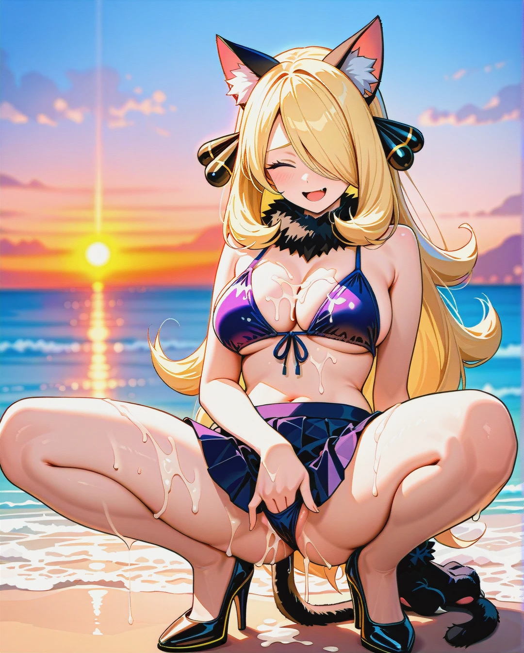 @cynthia, mischievous look, laughing with open mouth, cat ears, cat paw gloves, cat tail, dressed in bikini and pleated mini skirt, cleavage,(spread_legs), on the beach, sunset, play of shadows, beautiful lighting, subtle pastel tones, (bukkake),high heels,(masturbation)