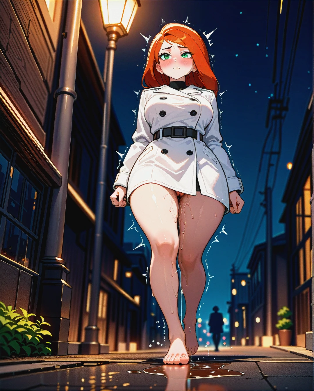 @kim_possible, curvy, trembling, excessive (Pussy_juice), white trench coat, barefoot, (full_body), night, light pole, outdoor, (blush), walking, (from_below), exhibitionism, exhibitionist, no_bra