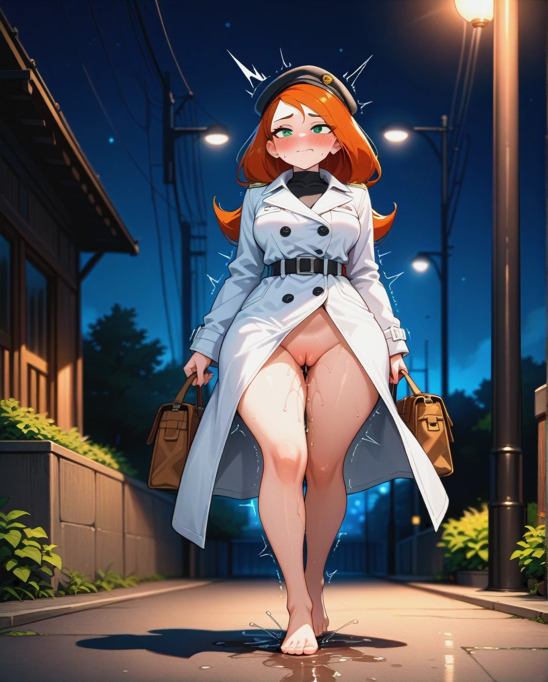 @kim_possible, curvy, trembling, excessive (Pussy_juice), white trench coat, barefoot, cap, (full_body), night, light pole, outdoor, (blush), walking, holding trench coat