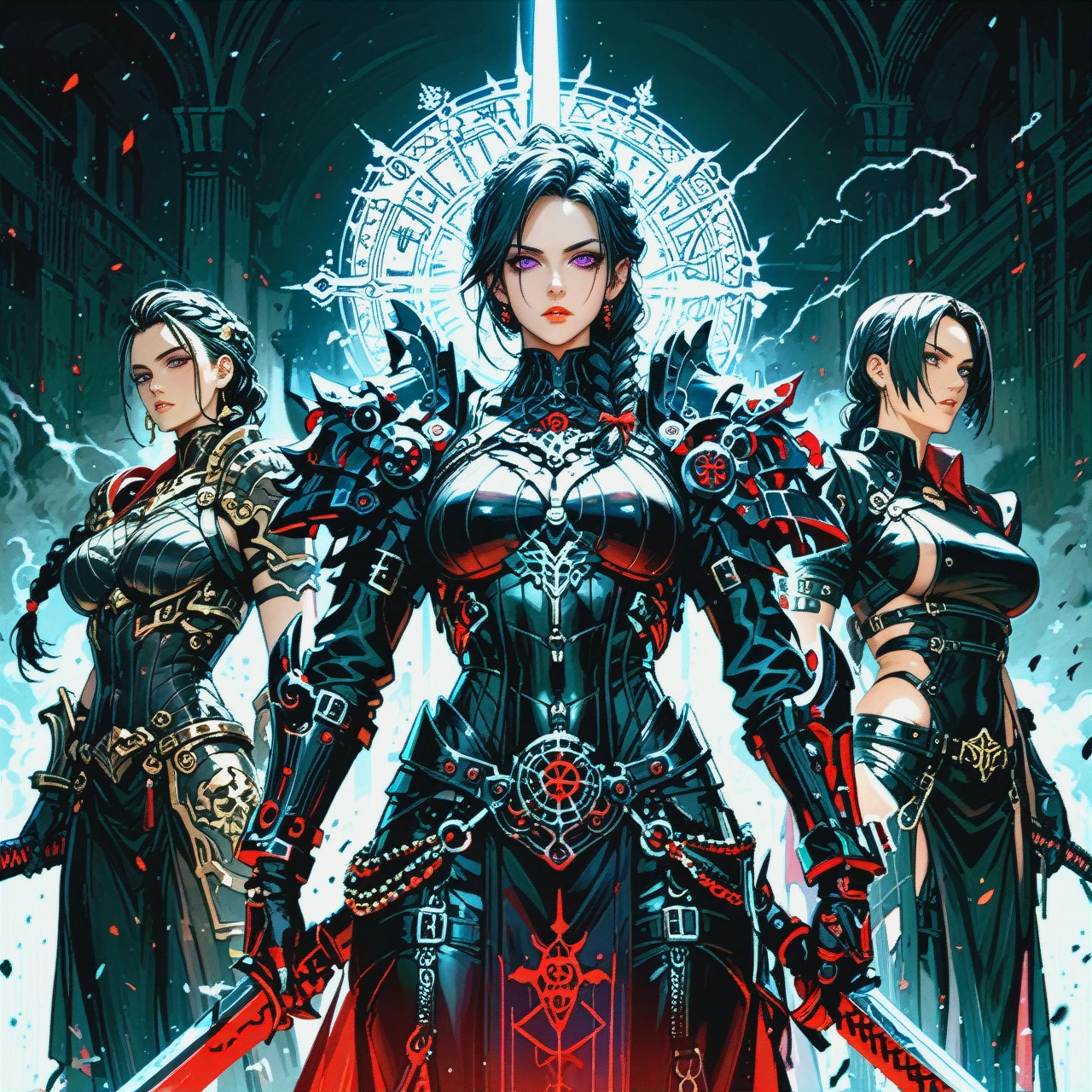 Red and black forged armor with sharp details. Black hair gathered in a braid. Sword with a black hilt. Dark purple eyes.