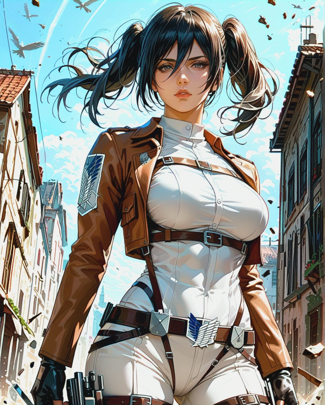 mikasa ackerman, mature, attack on Titan ,sexy clothes,twintails hairstyle