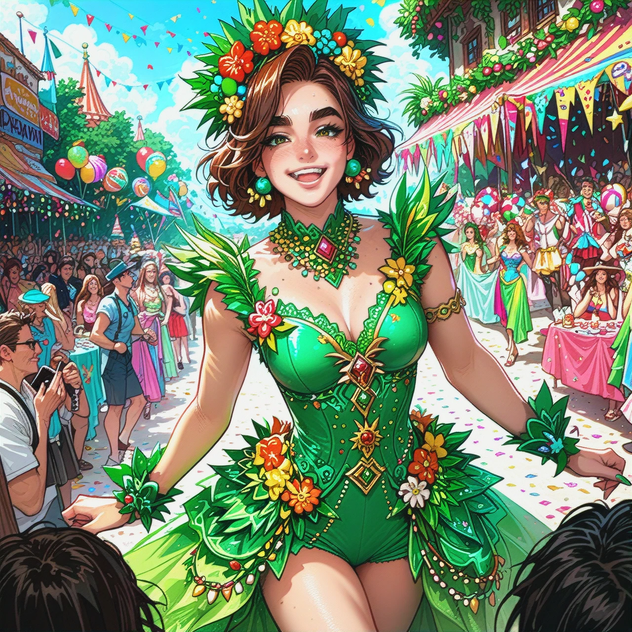 Brunette,thick eyebrows,green carnival outfit, carnival party