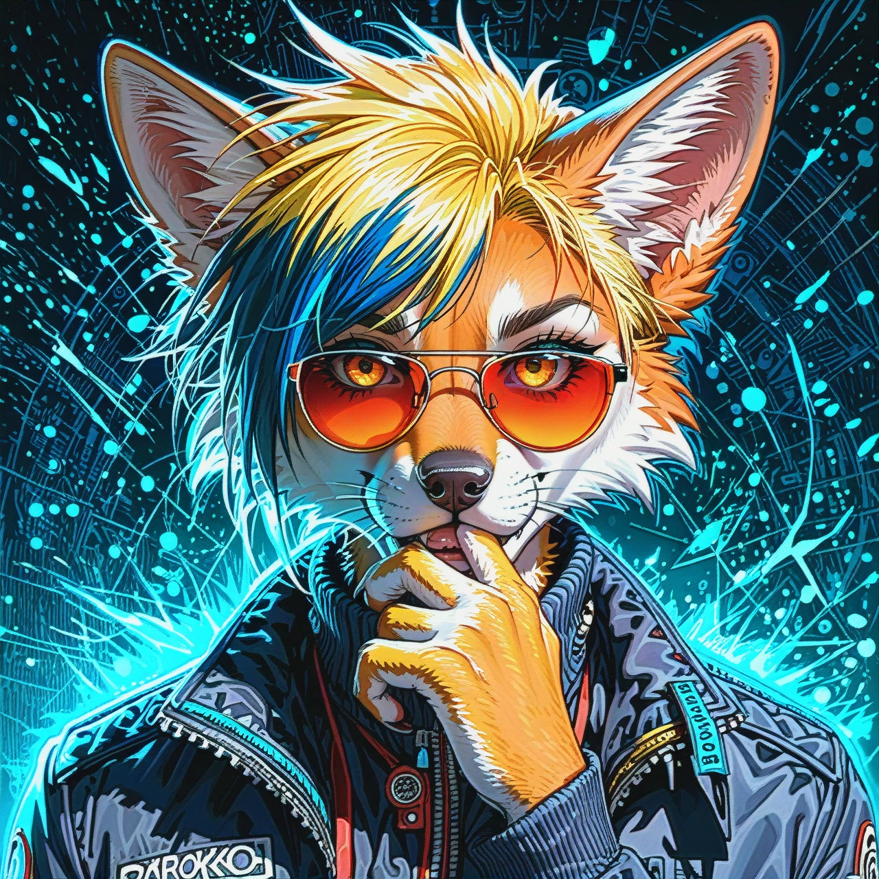 A stylized anthropomorphic fox girl,  with vibrant, almost hyperrealistic fur, wearing sunglasses.  The fox has blonde hair, bright golden eyes, and a mischievous expression.  The fur is a mix of warm orange and tawny tones, detailed with highlights suggesting light reflecting off the fur.  The sunglasses have a teal and lavender gradient. Her pose is slightly suggestive, hand near her mouth, subtle details in fur shading highlight the fox's body structure. The background is a circular spectrum of colors fading from red to orange, yellow, green, blue and indigo, forming concentric rings with a dark background.  The composition is similar to a stylized anime or digital illustration, focused on character design and dynamic posing, with bold highlights and shadows.   Impressionistic brushwork is blended with detailed depiction of fur and facial features.furry