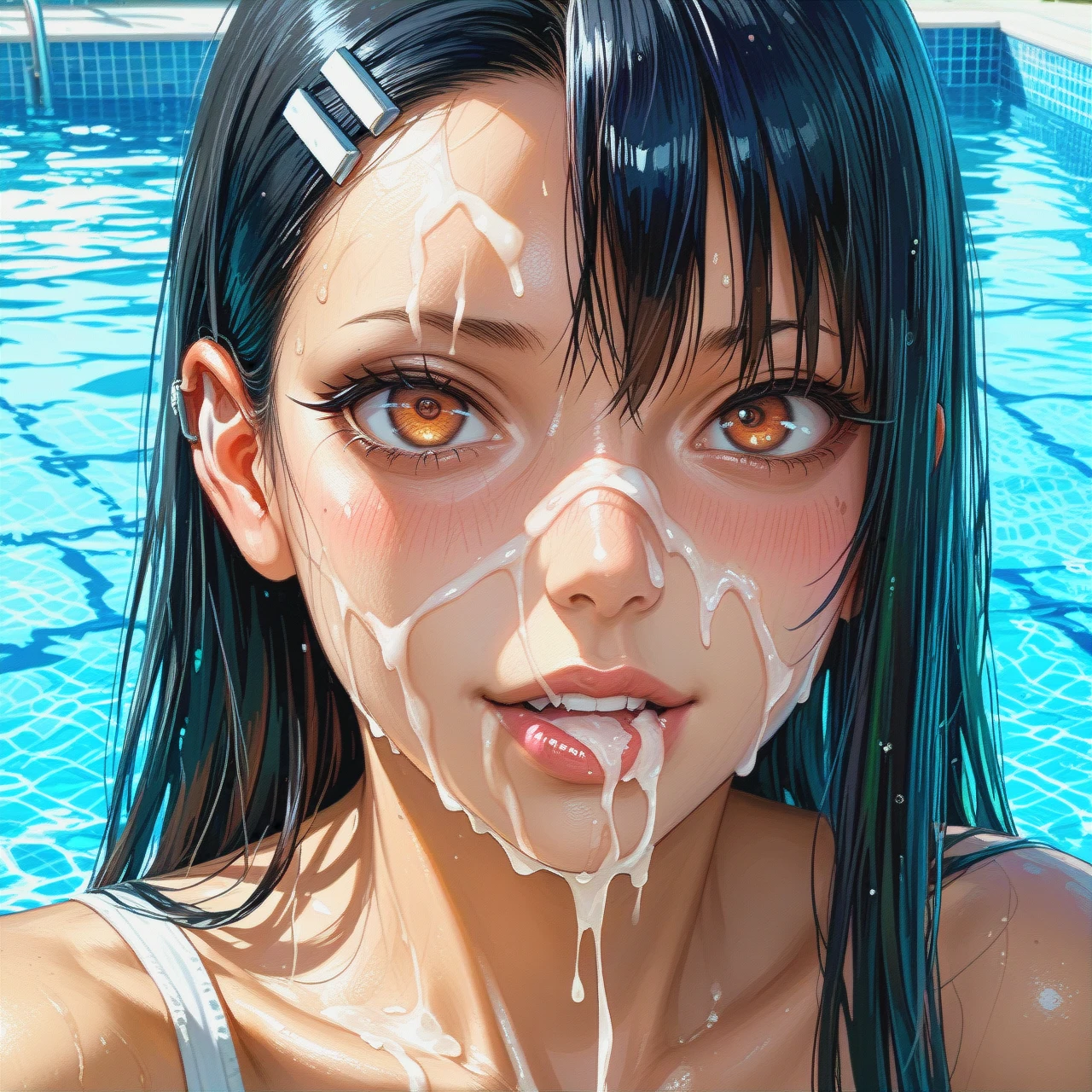 Nagatoro lies in a pool of cum, cum on her face, top view, filled with cum, close-up,