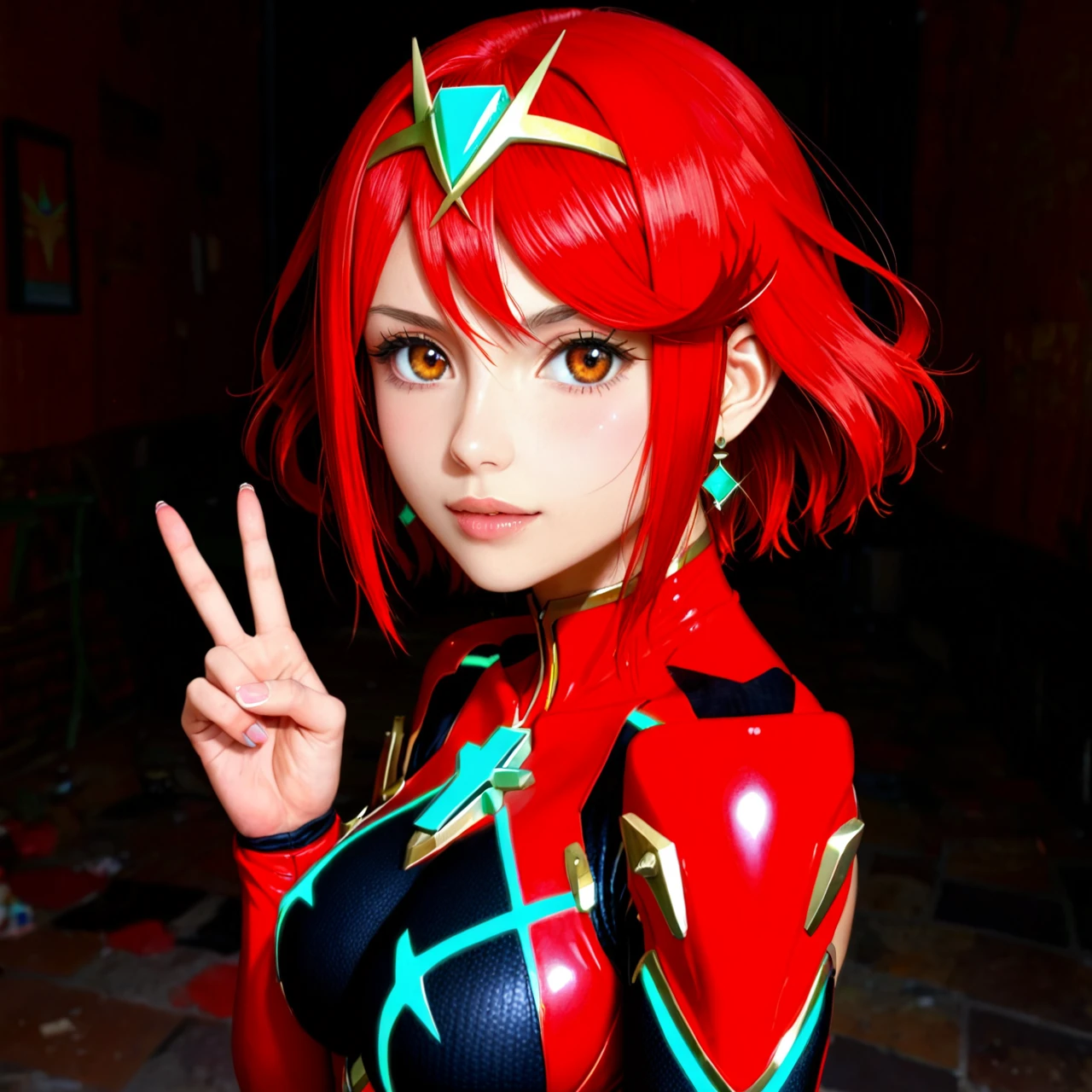 tony_taka style,@shibuya_kanon \(love_live!\),@pyra bodysuit cosplay, peace sign pose, open mouth, looking at viewer, ass