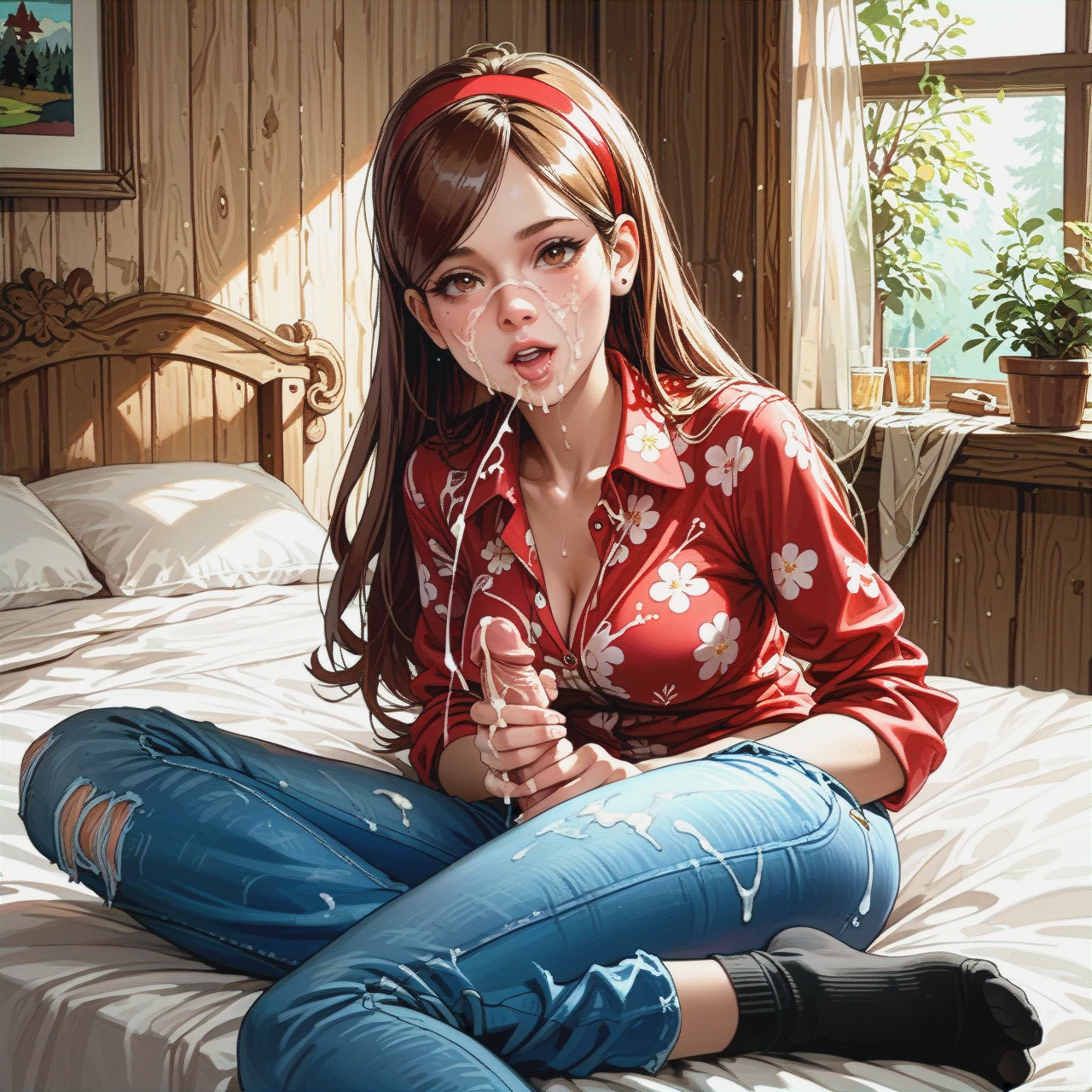 @mabel_pines, jeans, black ankle socks, floral shirt, seated on the edge of bed, handjob, cum, morning