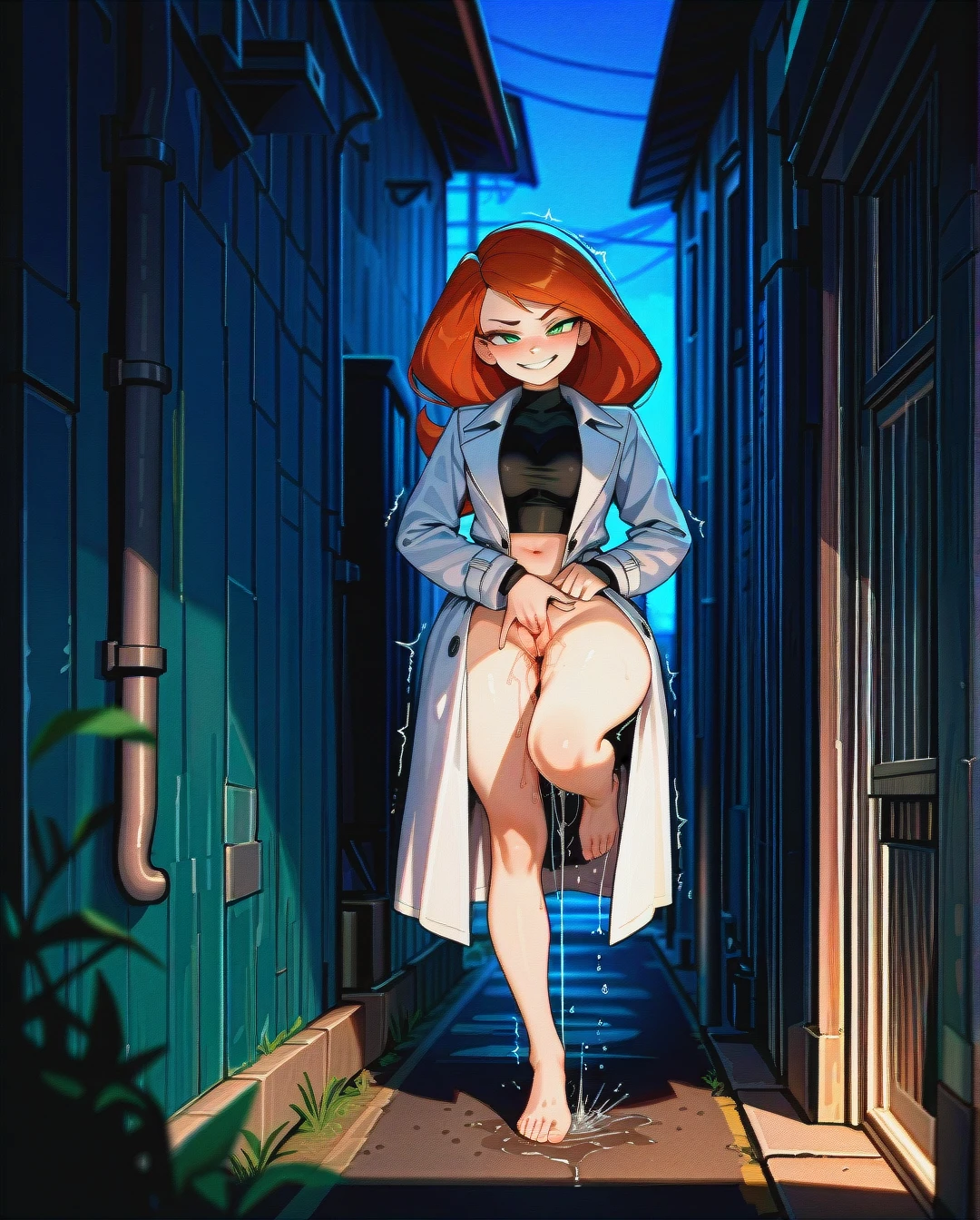 @kim_possible, curvy, trembling, excessive (Pussy_juice), white trench coat, barefoot, (full_body), night, hiding, outdoor, (naughty_face), exhibitionism, exhibitionist, no_bra, no_clothes, fingering, (leg_up)