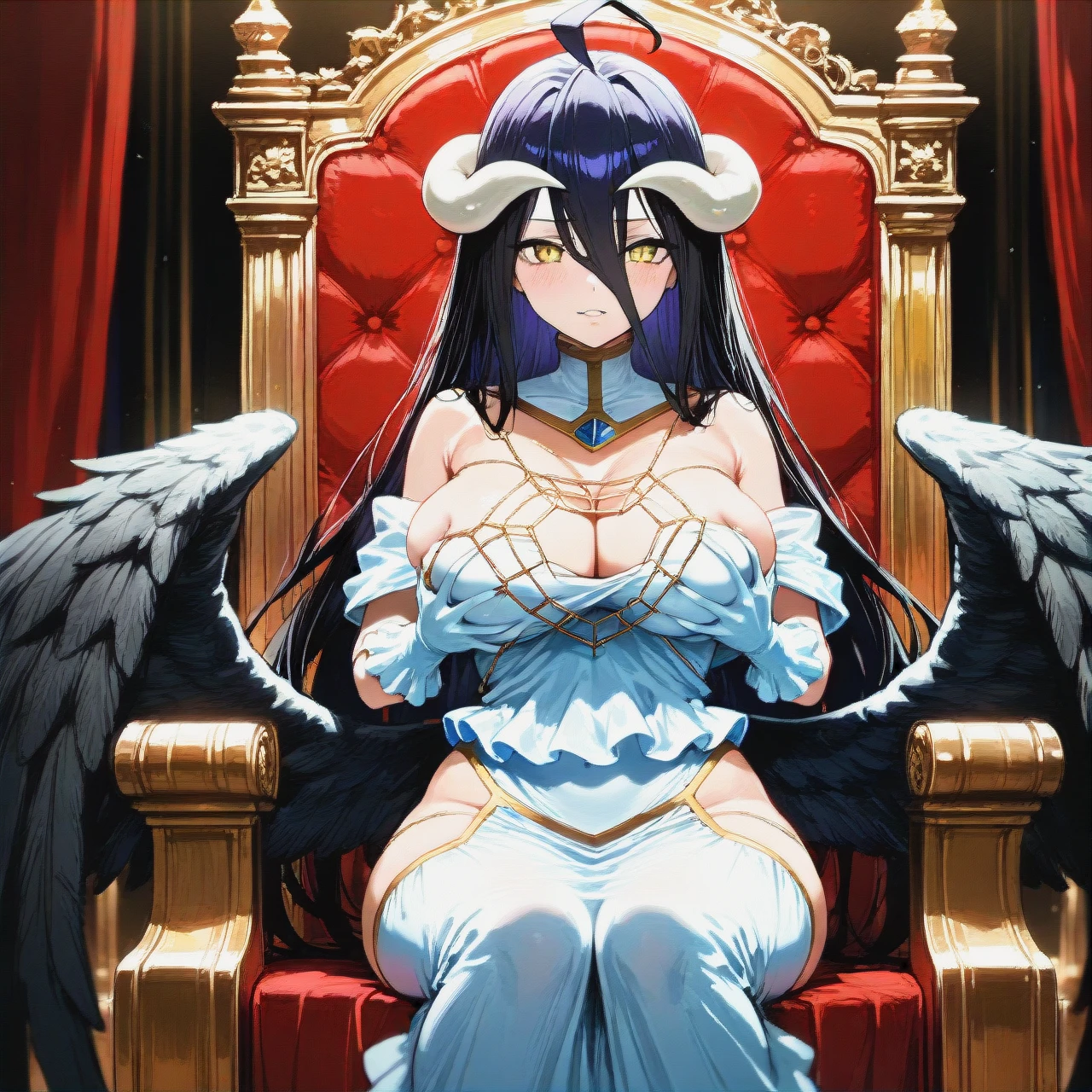 @albedo (sitting) on the throne and (grabbing_own_breast)