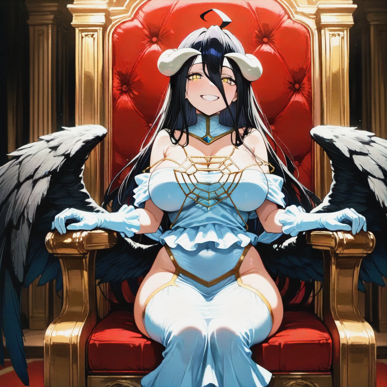 adult @albedo (sitting) on the throne and with a (grin)