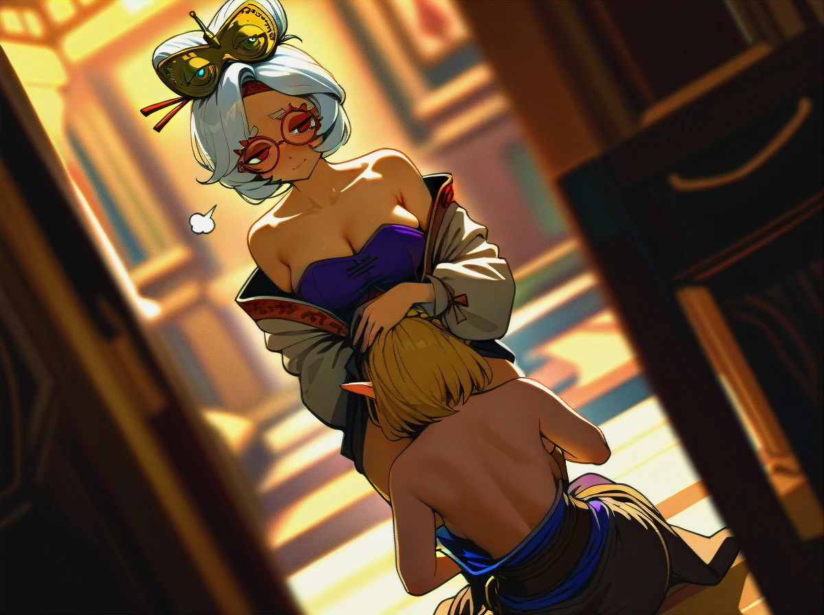 Purah from The_Legend_Of_Zelda, @princess_zelda,  clothed,  zelda with yellow_hair, Purah with white hair,  (cunnilingus), (standing), (kneeling)  (wide_shot), (dutch_angle), (full_body)  (groping), (undressing), (implied_yuri), lesbian,   (sigh), (shy), blushed,   Purah with (open_mouth), blushed,