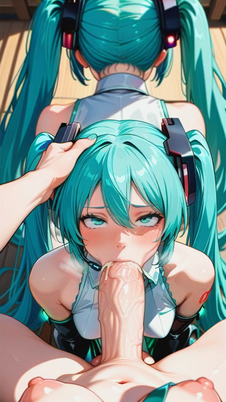 futanari @hatsune_miku, (irrumatio), (futa_with_female), (gangbang), ((full-length)), huge dick, (group_sex), (bukkake), Everyone is visible, ((futa_Hatsune_Miku)), (female_pov), (pov), (multiple_views),  View from two different people