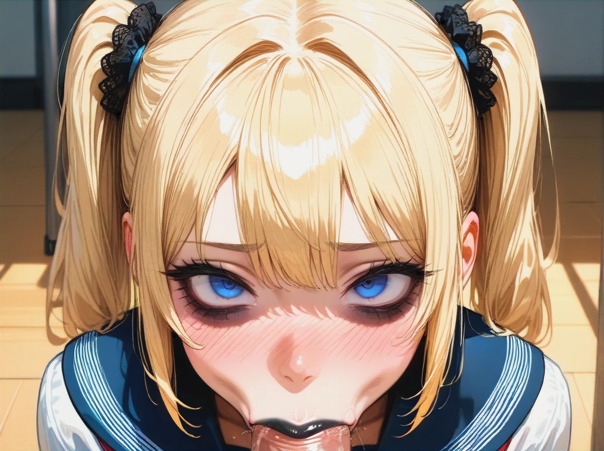 sexy , blond hair, (bags_under_eyes), blue eye, black stockings, (:>=), at school, ponytails, blowjob glans , school uniform, black lips, (nose_blush)