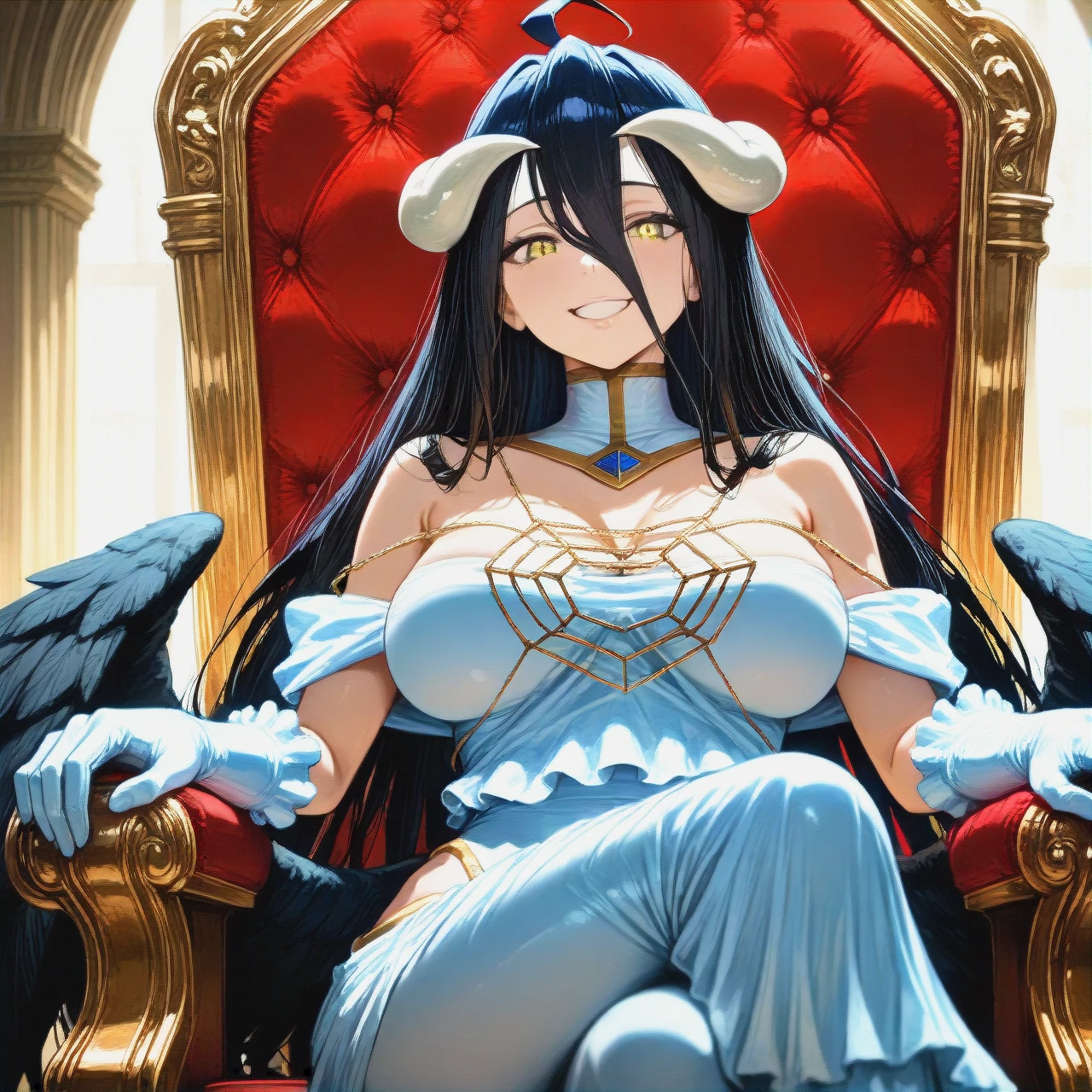 adult @albedo (sitting) on the throne and with a (grin)