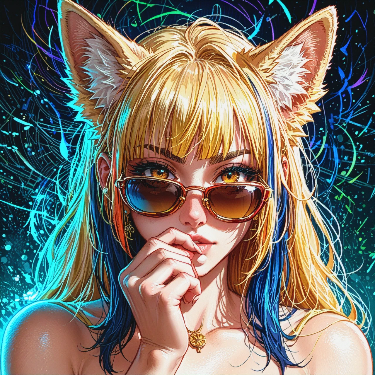 A stylized anthropomorphic fox girl,  with vibrant, almost hyperrealistic fur, wearing sunglasses.  The fox has blonde hair, bright golden eyes, and a mischievous expression.  The fur is a mix of warm orange and tawny tones, detailed with highlights suggesting light reflecting off the fur.  The sunglasses have a teal and lavender gradient. Her pose is slightly suggestive, hand near her mouth, subtle details in fur shading highlight the fox's body structure. The background is a circular spectrum of colors fading from red to orange, yellow, green, blue and indigo, forming concentric rings with a dark background.  The composition is similar to a stylized anime or digital illustration, focused on character design and dynamic posing, with bold highlights and shadows.   Impressionistic brushwork is blended with detailed depiction of fur and facial features.